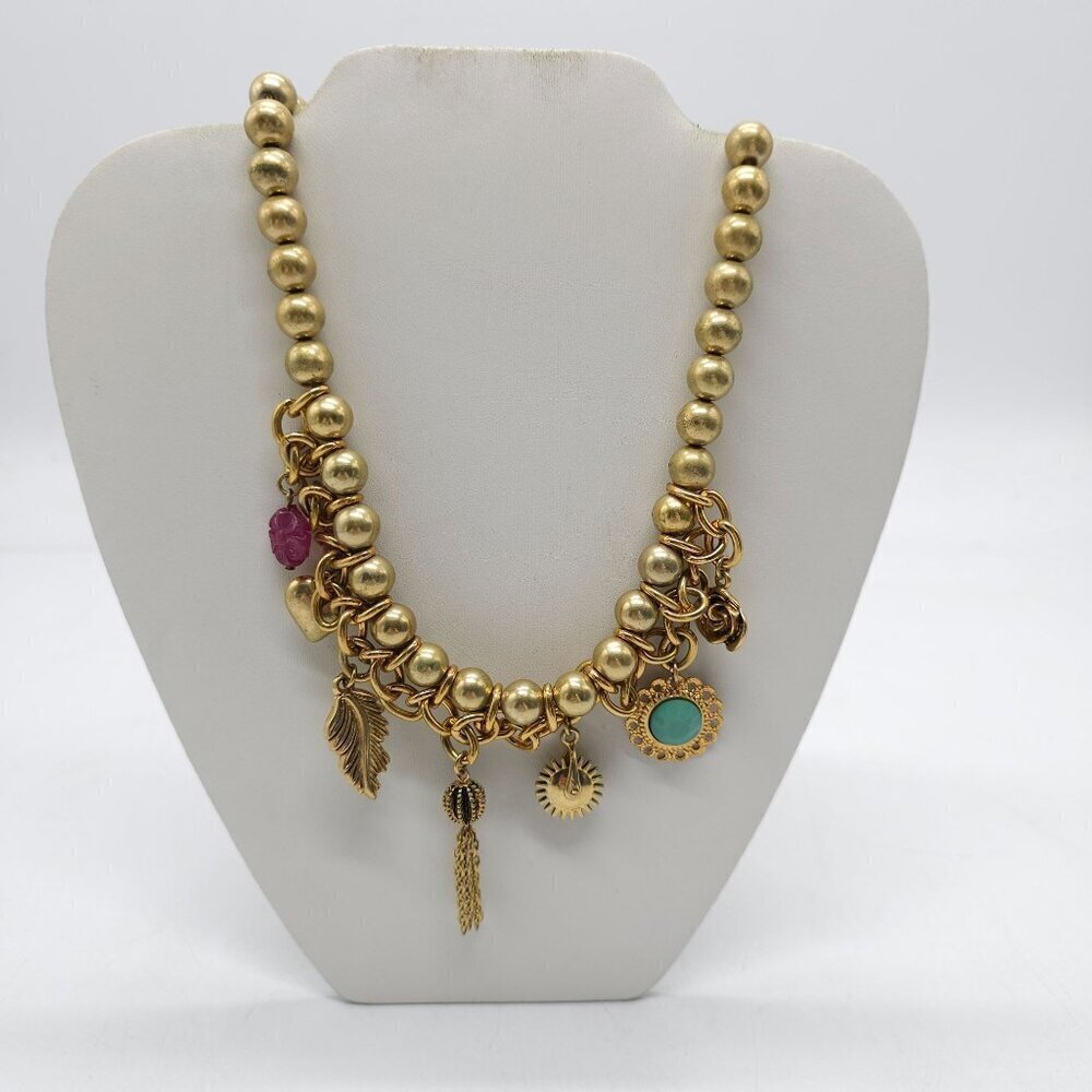 JESSICA SIMPSON Gold Tone Bead Heart Flower Feather Tassel Charm 19" Necklace